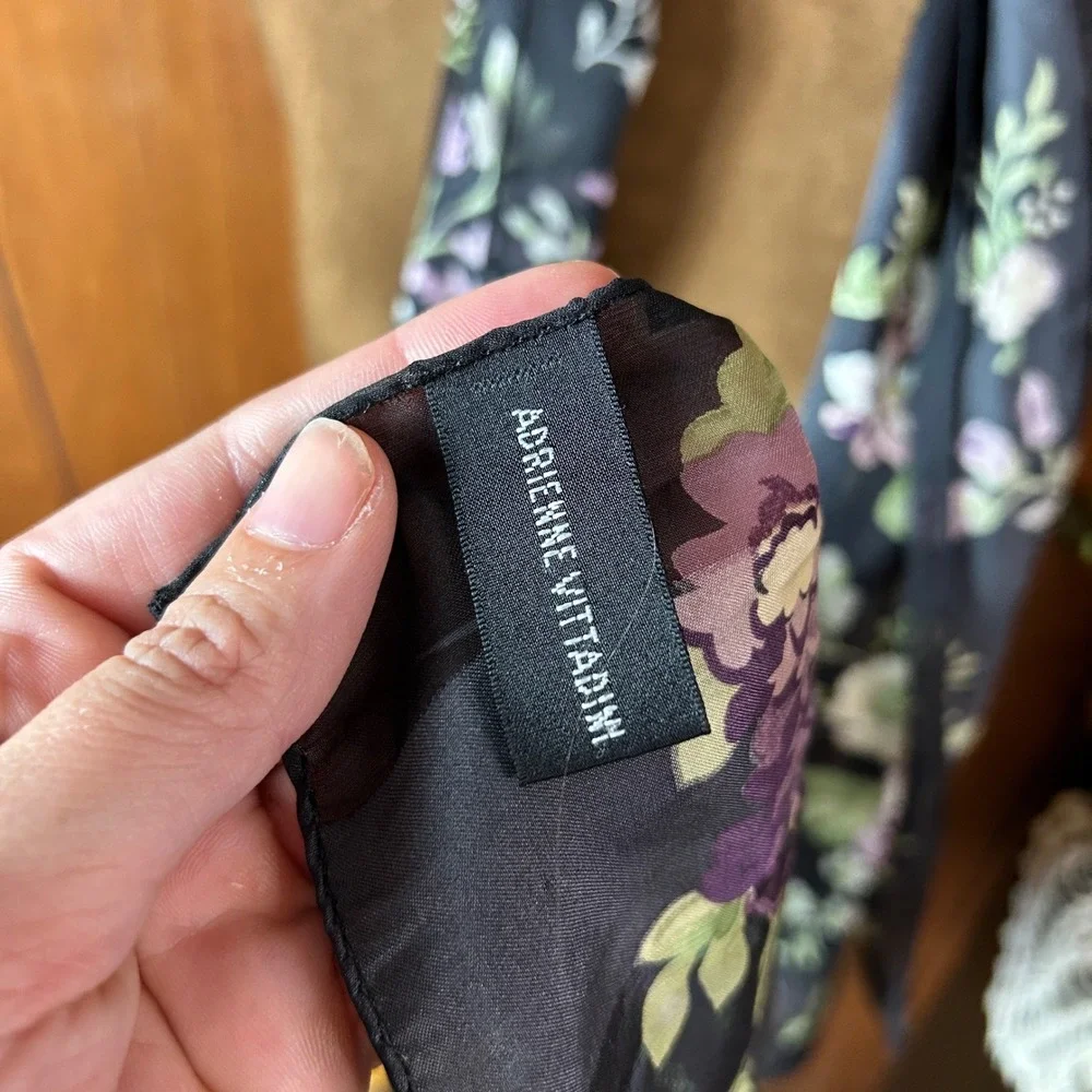 Adrienne Vittadini 100%‎ Silk Black Floral Print Sheer Scarf Shawl Accessory
